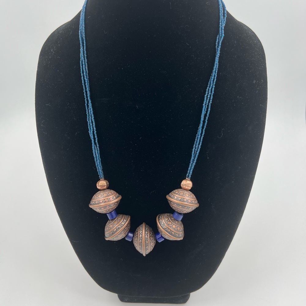 Handmade Metal discs & Navy Blue Beaded 3 strand Necklace Ethic Boho Statement
